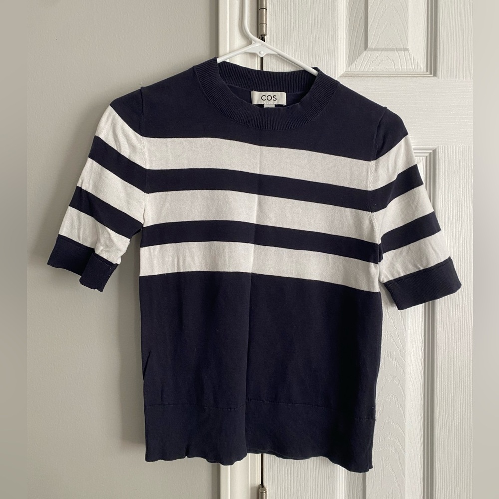 Cos Striped Short Sleeve Navy 100% Cotton Top